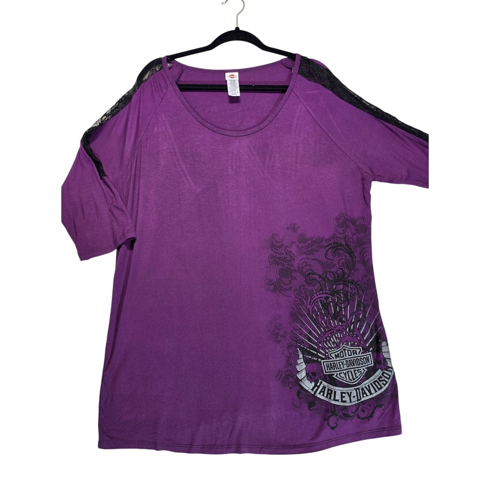 Harley-Davidson Y2K Womens 2X Purple Lace Shoulder Graphic Top Outer NC 2015